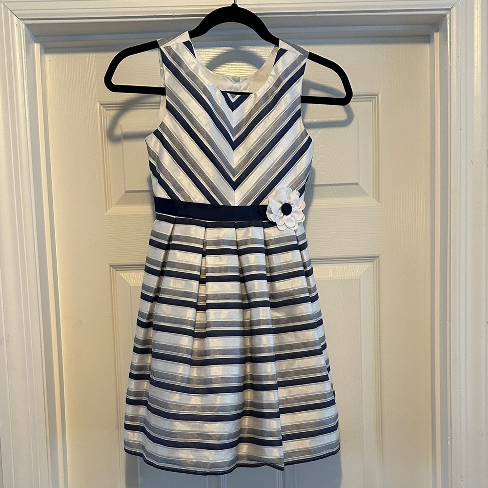 Navy and White Striped Flower Waist Button Back Girls' Formal Party Dress